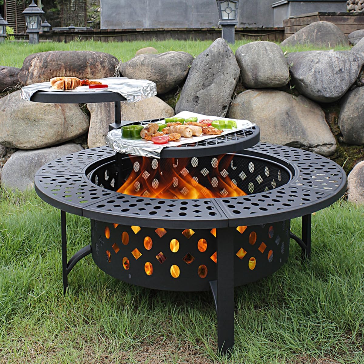 Outdoor Furniture With Fire Pit - Extra großer Holzfeuertisch mit drehbaren Grillrosten,