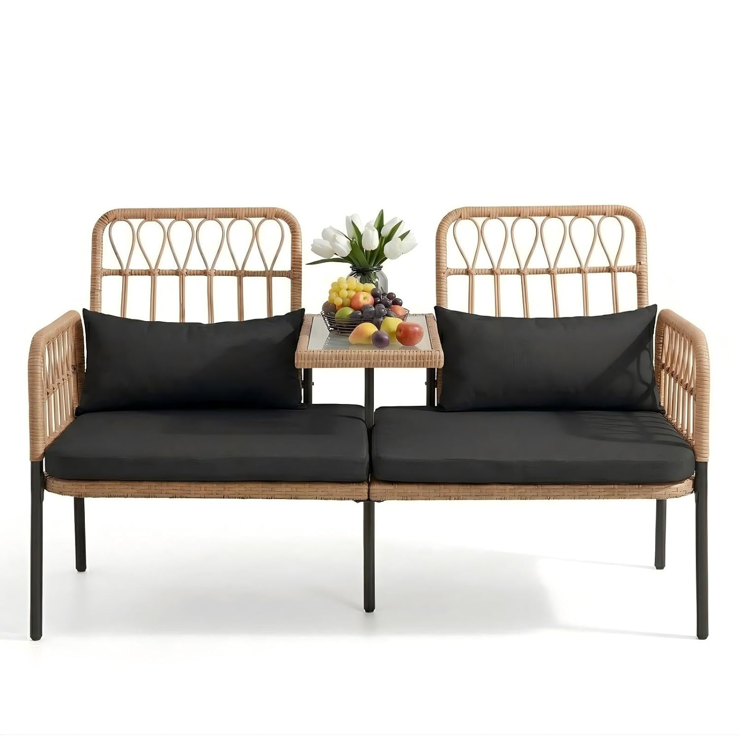 Outdoor Furniture Rattan - Rattan-Liebessofa mit Glastisch, 2-Sitzer Gartenmöbel aus