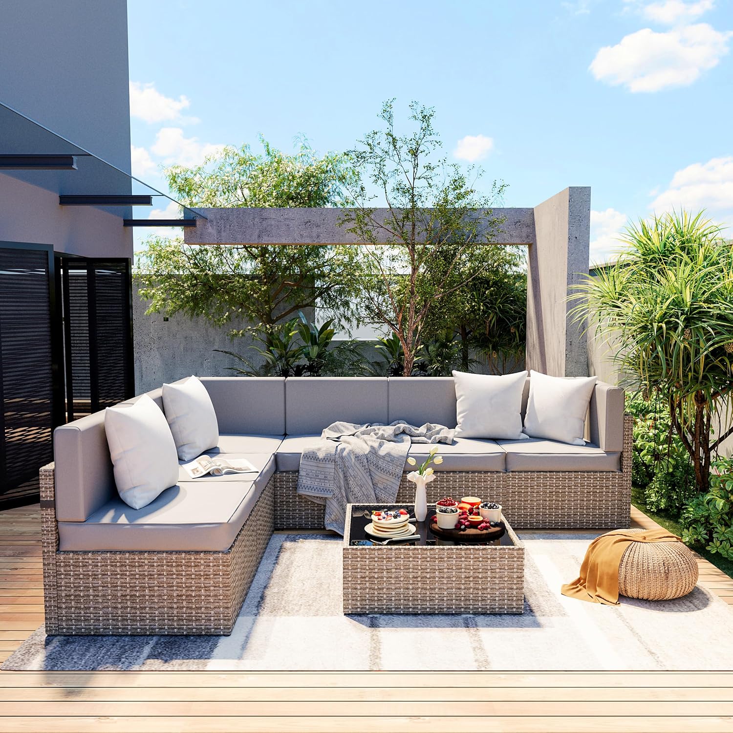 Outdoor Furniture Rattan - 7-teiliges Outdoor-Sitzmöbel-Set, Allwetter-Terrassensofa aus Korbgeflecht mit