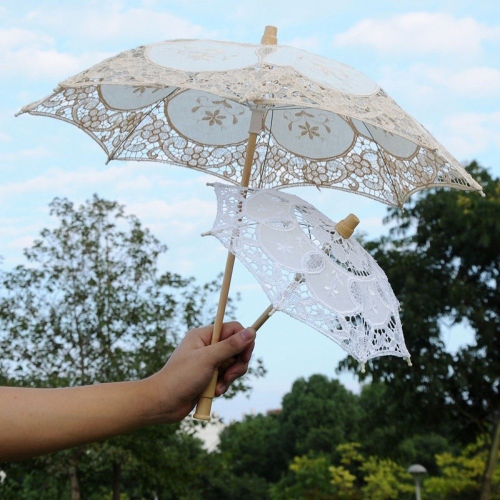 Parasol Umbrella Large - Vintage Großer Spitzen-Sonnenschirm mit Stickerei, Baumwollspitze,