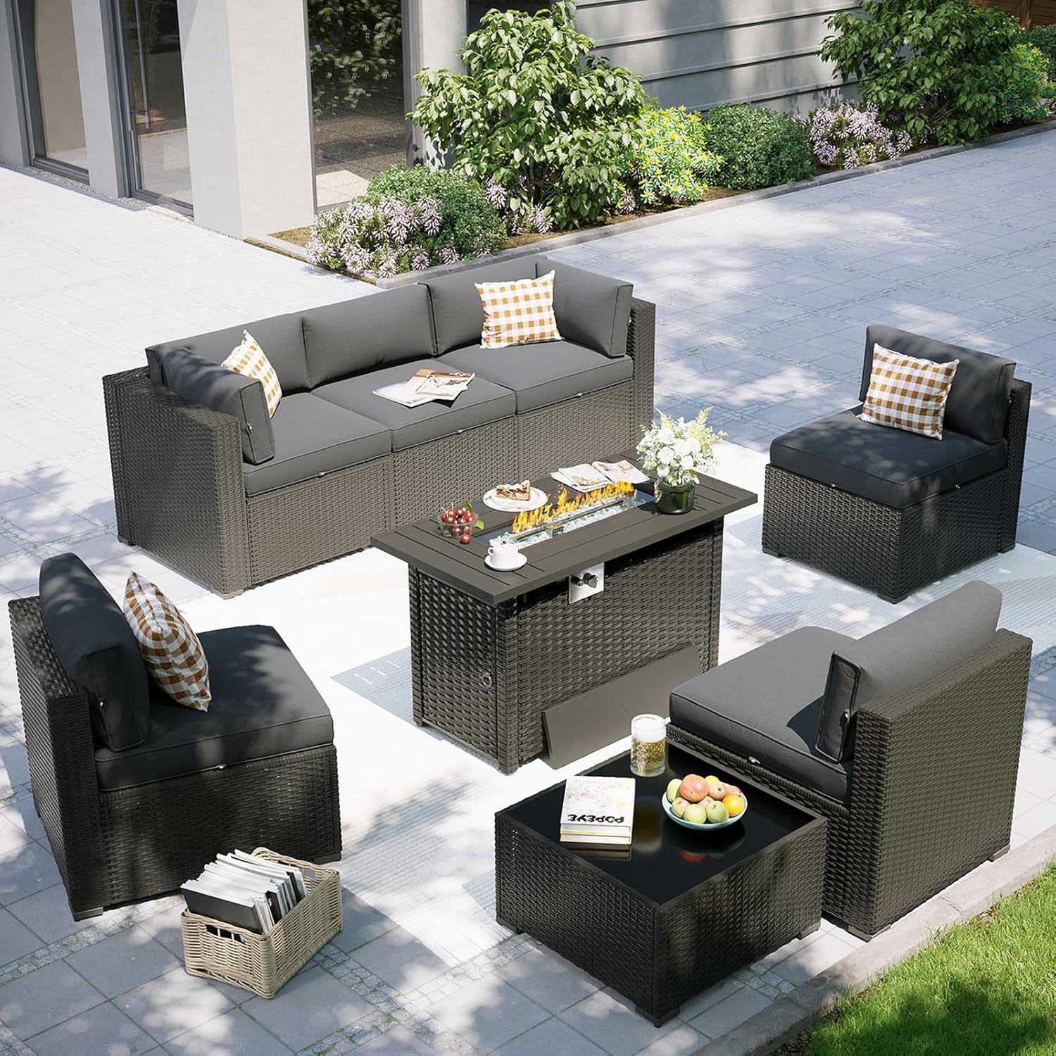 Outdoor Furniture With Fire Pit - Terrassenmöbel-Set mit Feuertisch, 8-teilige Outdoor-Sofagarnitur, Rattan-Gartenmöbel,