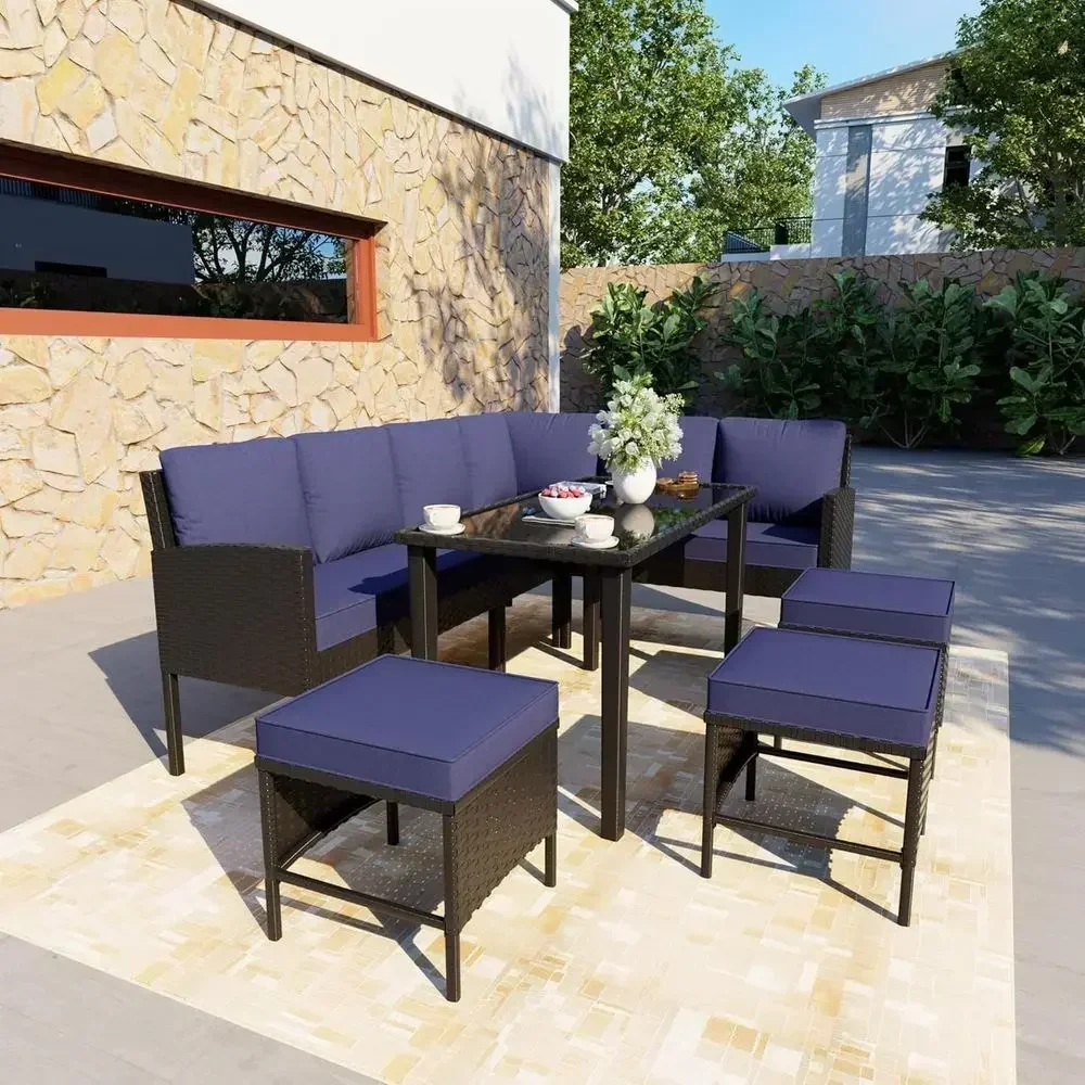 Outdoor Furniture Rattan - 7-teiliges Gartenmöbel-Set mit Couch, Esstisch und