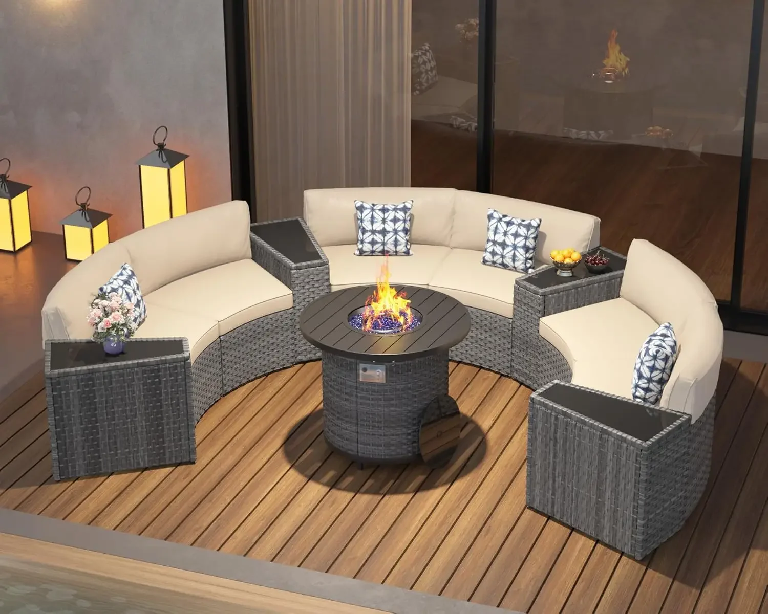 Outdoor Furniture With Fire Pit - l Terrassenmöbel-Set mit 32-Zoll-Feuerstellentisch, 11-teiligem Halbmond-gebogenem