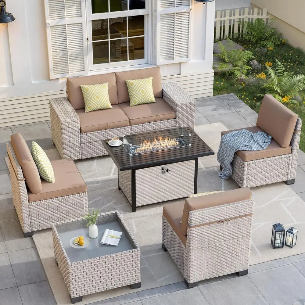 Outdoor Furniture With Fire Pit - 7-teiliges Outdoor-Terrassenmöbel-Set mit Feuerstelle, Ecksofa mit