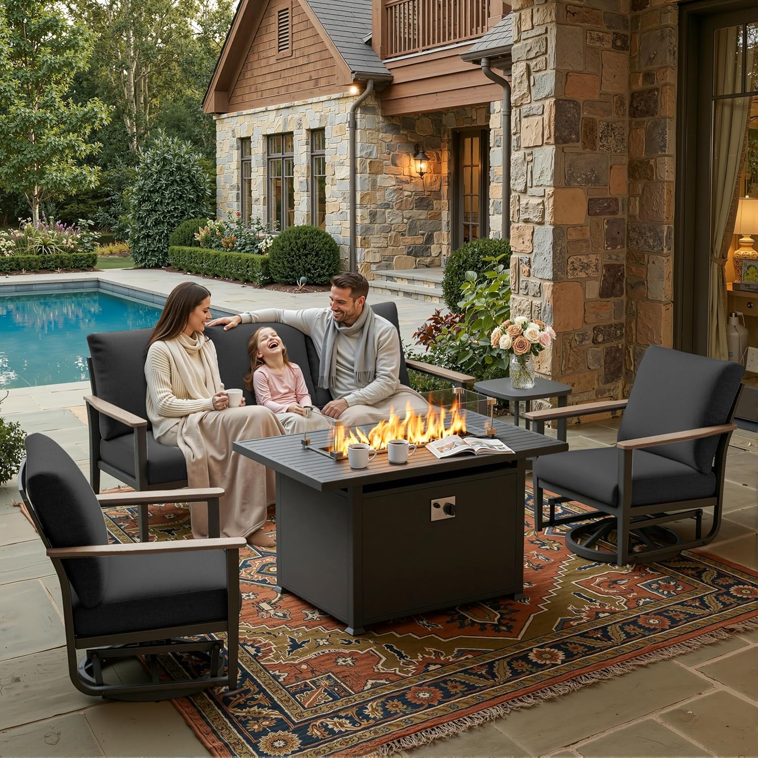 Outdoor Furniture With Fire Pit - 5-teiliges Aluminium-Gartenmöbel-Set mit Schaukelstühlen, 5-Zoll-Kissen und