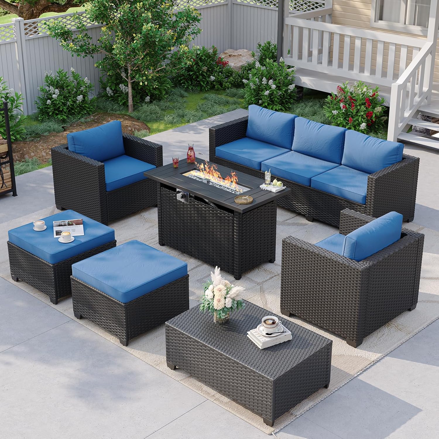 Outdoor Furniture With Fire Pit - Marineblaues Outdoor-Sofa-Set mit Feuertisch und Stauraum,