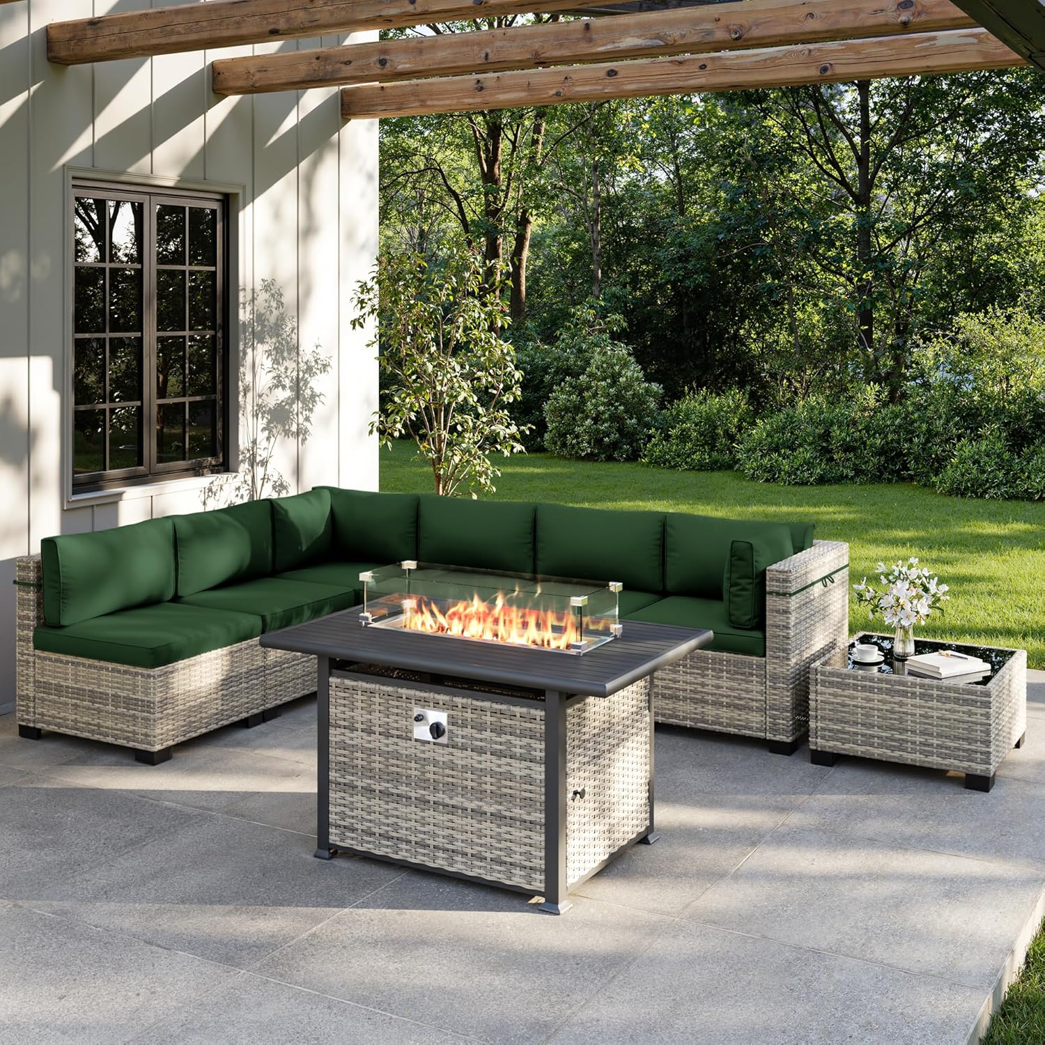 Outdoor Furniture With Fire Pit - 8-teiliges Outdoor-Gartenmöbel-Set mit 55.000 BTU Feuertisch,