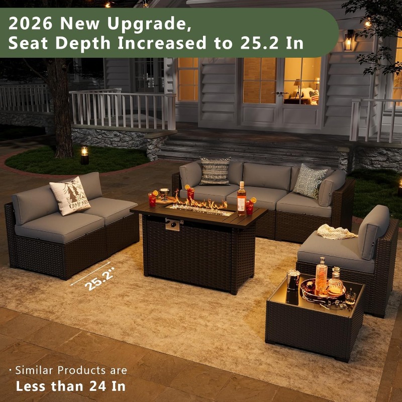 Outdoor Furniture With Fire Pit - Aoxun 8-teiliges Gartenmöbel-Set mit 44-Zoll-Feuerstelle, Rattan-Gartensofa,