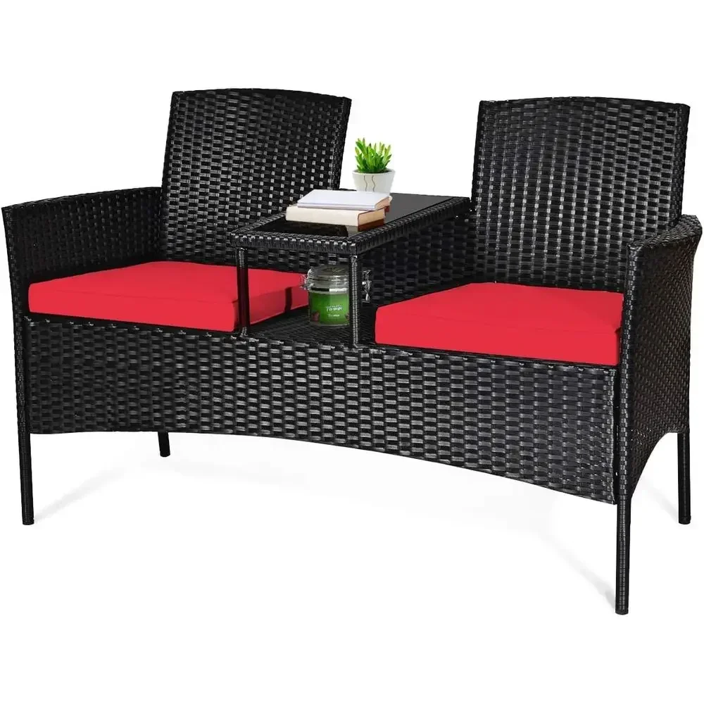 Outdoor Furniture Bench - Allwetter-Gartenmöbel-Set mit Kissen, Glastisch und Rattanbank